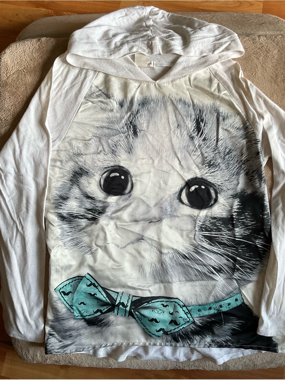 Self Esteem White Tshirt Hoodie with Teal Bow Tie Cat Graphic